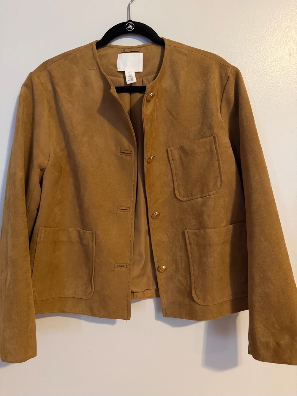 H&M Camel Suede Collarless Button Jacket